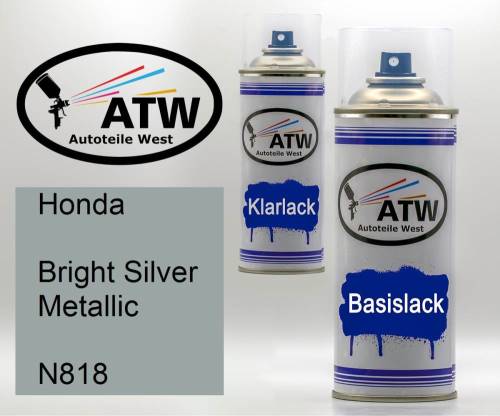 Honda, Bright Silver Metallic, N818: 400ml Sprühdose + 400ml Klarlack - Set, von ATW Autoteile West.